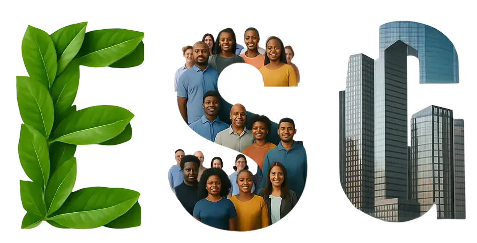sigla esg ilustrada com folhas, pessoas e empresas sigla esg ilustrada com folhas, pessoas e empresas